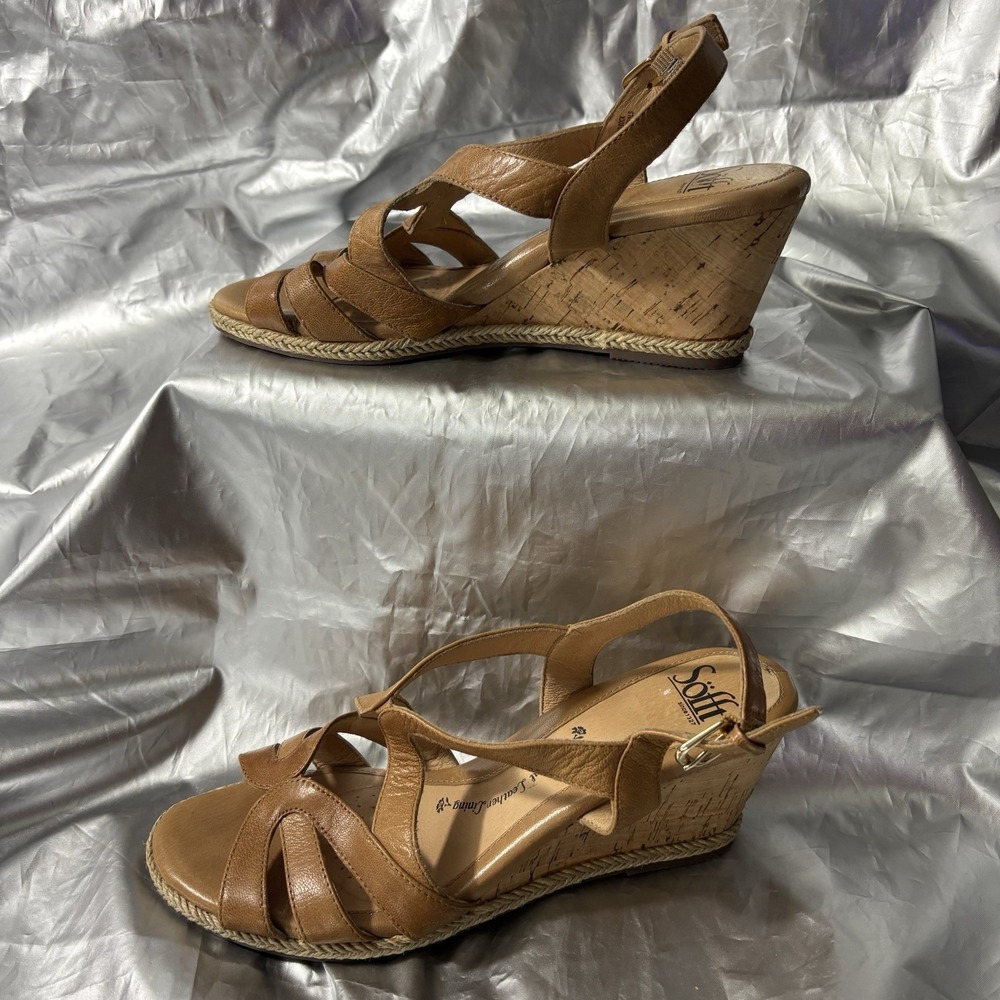 Women 9 M Sofft Wedge Sandals Tan Cork Slingback High Heel Leather Buckle